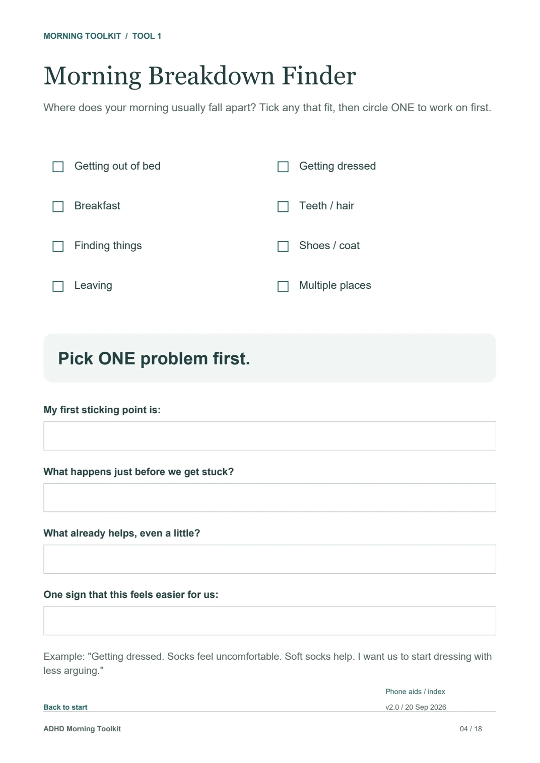 Inside the guide: the Morning Breakdown Finder worksheet